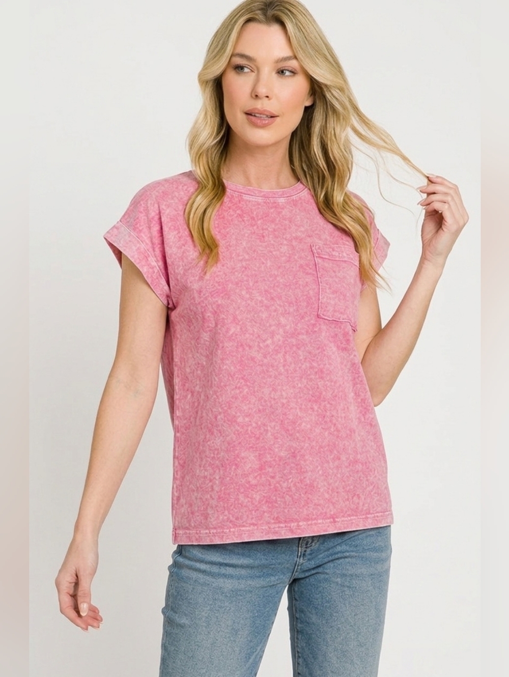 Zenana Halo Snow Washed Cuffed Short Sleeve Tee - Picture 3 of 5